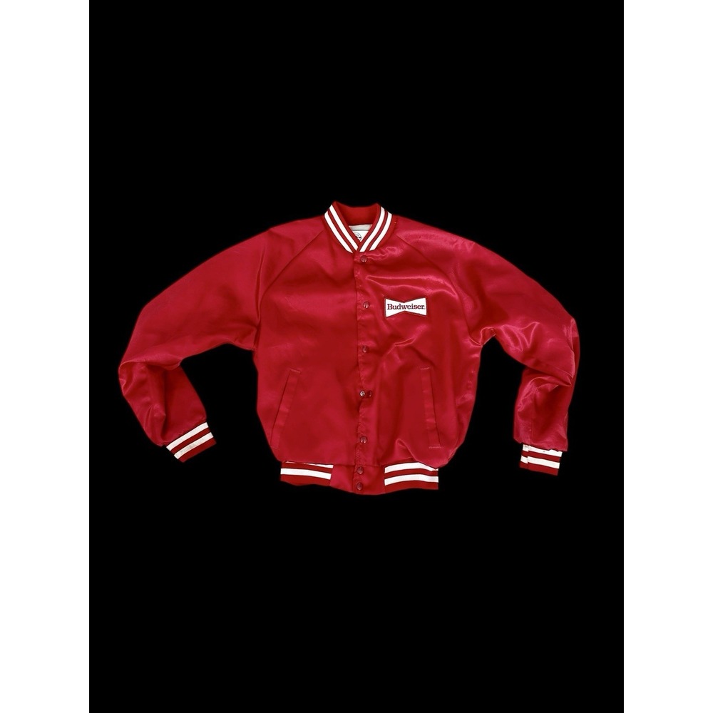 Vintage 70s Budweiser Red Satin Jacket Sz‎ Small/Medium Cuffs Distressed